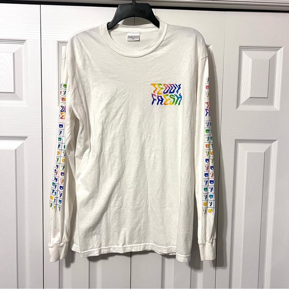 Teddy Fresh Long Sleeve Spellout Logo T Shirt White Rainbow Size medium - Picture 2 of 10